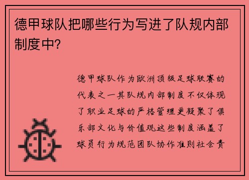 德甲球队把哪些行为写进了队规内部制度中？